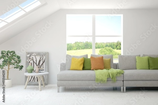 Fototapeta White living room with sofa and summer landscape in window. Scandinavian interior design. 3D illustration