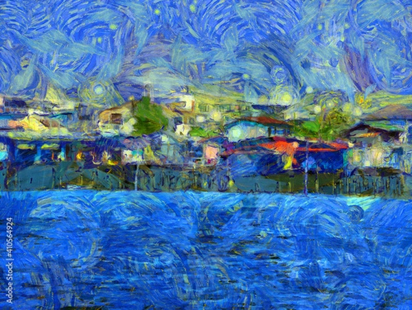 Fototapeta Landscape of the Chao Phraya River Illustrations creates an impressionist style of painting.