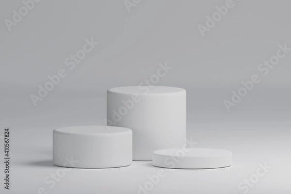 Fototapeta Three white cylinder product stage podium background. Minimal fashion theme. Geometry concept. Exhibition and business marketing presentation stage. 3D illustration rendering graphic design