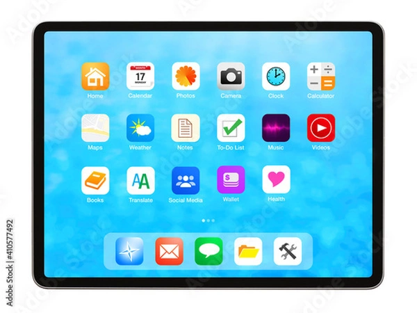 Fototapeta Tablet isolated on white background, home screen mockup with app icons.