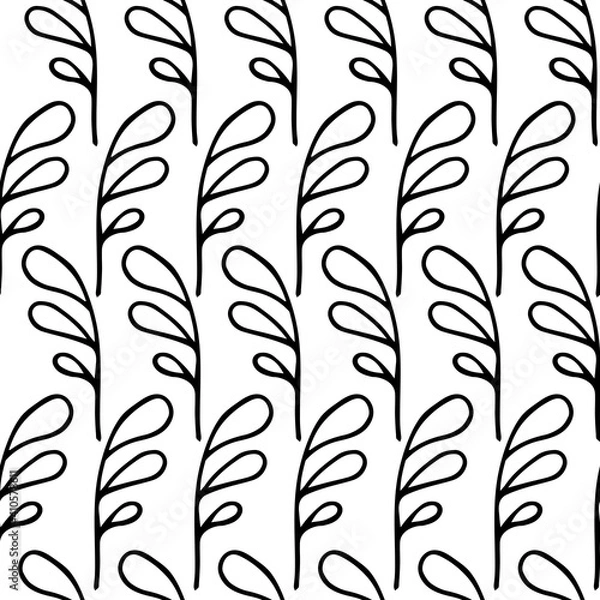 Fototapeta Seamless vector pattern. Black outline in ide twigs with leaves on a transparent background.