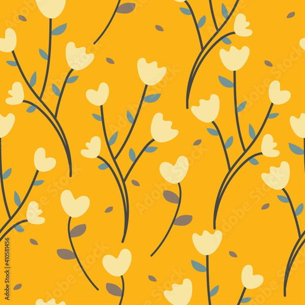 Fototapeta Seamless pattern with cute cartoon flowers and leaves for fabric print, textile, gift wrapping paper. colorful vector for kids, flat style