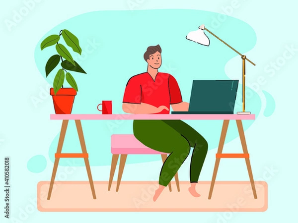 Fototapeta cartoon character working from home, A man sitting and working at home Like slow life due to the corona virus, coronavirus COVID-19, Vector illustrate