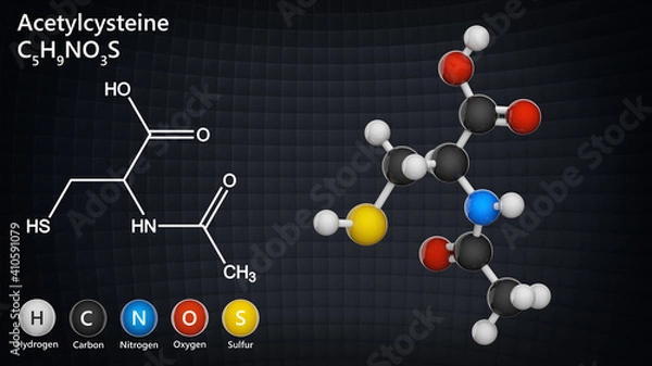 Obraz Molecular structure of Acetylcysteine(also known as N-acetylcysteine or NAC). C5H9NO3S. Acetylcysteine mucolytic, expectorant, detoxifying medical drug. Ball and Stick. 3D illustration.