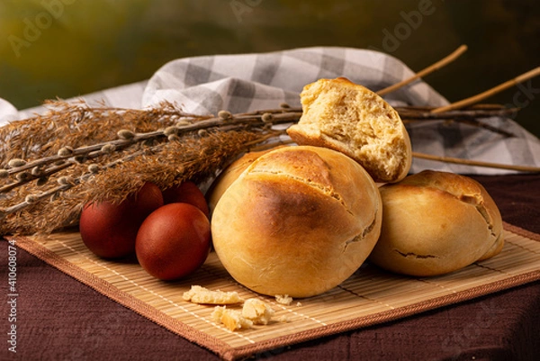 Fototapeta Baking and colored eggs. Orthodox world. The bright holiday of Easter.