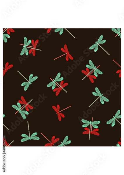 Fototapeta  Seamless pattern with dragonflies. Black and white vector pattern. Hand drawn. Pattern for card, invitation, wrapping paper, textile fabric 