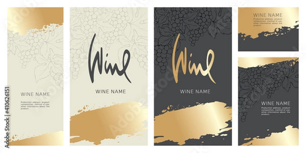 Fototapeta Collection labels for wine. Vector illustration, set of backgrounds with grapes and gold strokes.