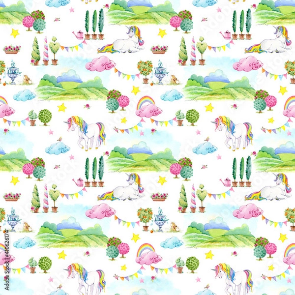 Fototapeta unicorn and fairy tale kingdom watercolor seamless pattern