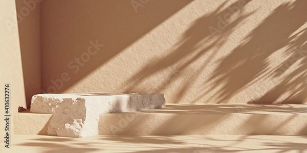Fototapeta Minimal abstract cosmetic background with stone product podium. Sunshade shadow on the beige wall. Product display background mockup. 3d rendering.
