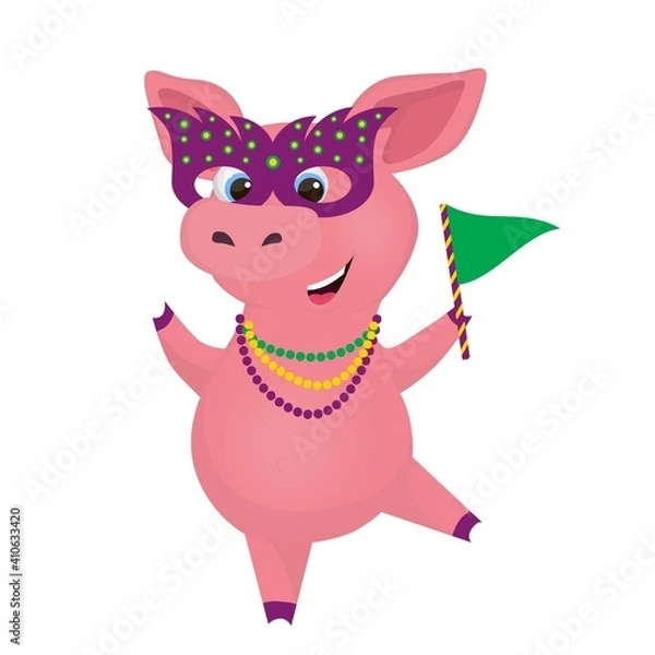 Obraz Mardi Gras carnaval funny cartoon character. Carnaval Pig with purpure venetian mask and purpure, green and yellow beads, isolated on white background.