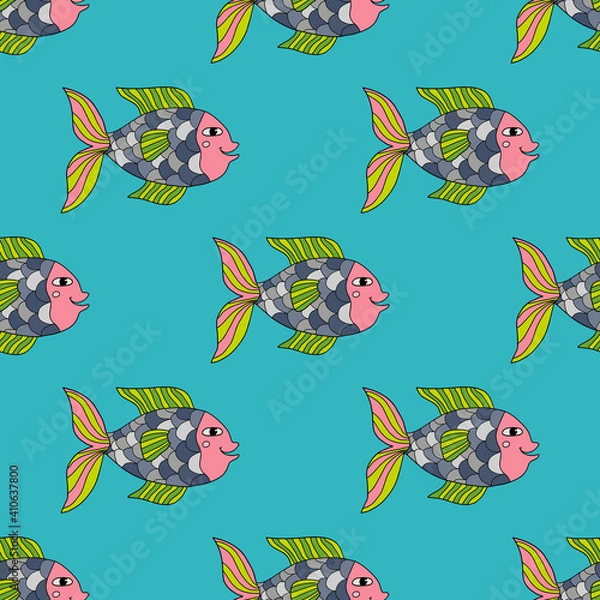 Fototapeta Cute colorful cartoon gold fish in hand drawn doodle style seamless pattern. Tropical ocean life. Animal wrapping paper.