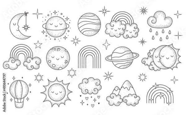 Fototapeta Vector hand drawn celestial collection with cute planets, clouds, rainbous, stars