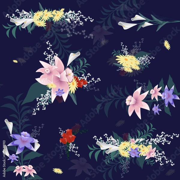 Fototapeta Flowers isolated on blue background. Flowers modern design for t-shirt, print material, cloth and textile. Useful for invite and wedding card, wallpaper and greeting card. Flowers vector illustration