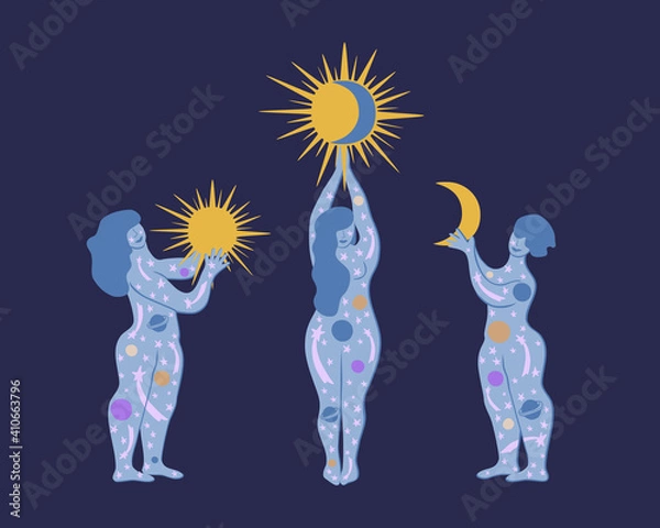 Fototapeta Vector illustration with three blue women holding sun and moon and colored stars and planets. Trendy female print design, decoration poster, card, festival invitation, banner