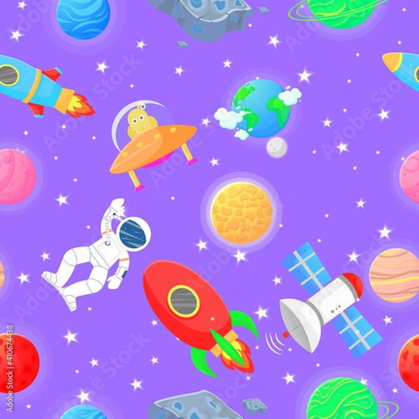 Fototapeta Flat cartoon style  funny galaxy pattern.