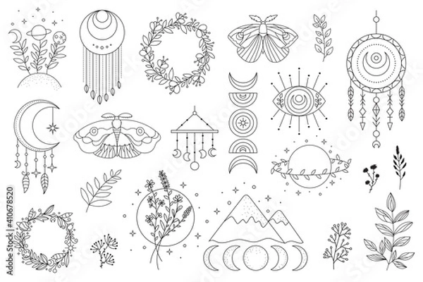 Fototapeta Vector hand drawn boho elements with cute moth, moon, wreath, branches, dream catcher