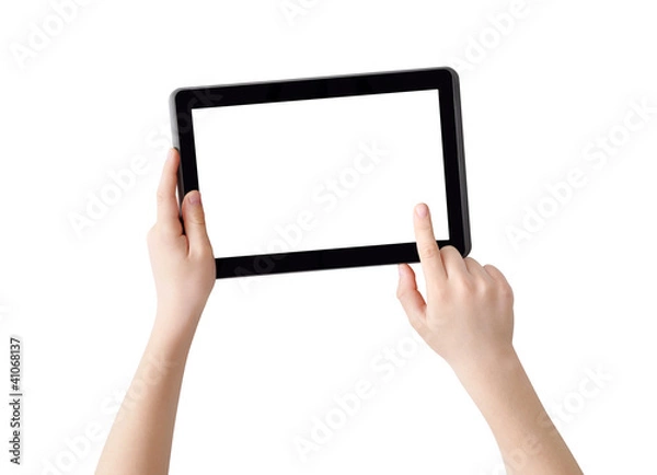 Obraz Two hands with Tablet PC, finger pointing, clipping path