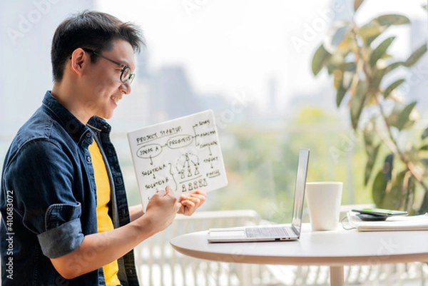 Fototapeta Smart positive smile asian male businessman video conference remote working  discuss concersation about strategy business planing new business startup ideas concept,business meeting online via laptop