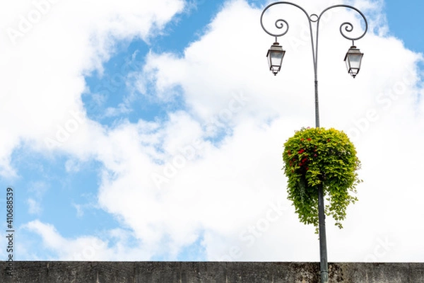 Obraz Impressive street lamp with a bush hanging in the middle of it. It is on the right side of the image. White and blue background of the clouds and sky.