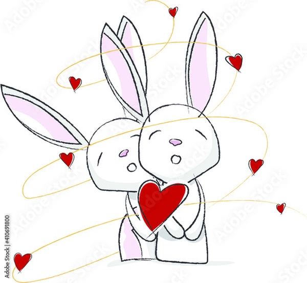 Obraz Small and cute illustrated couple of rabbits. Rabbits made in vector with bright colors. Rabbits in love with hearts