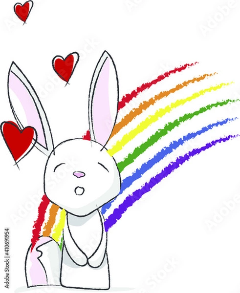 Obraz Small and cute illustrated rabbit. Rabbit made in vector with bright colors. Rabbit in love with hearts and rainbow colors