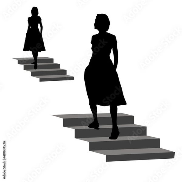 Fototapeta The girl goes up the steps. Vector female silhouette. Back view of the figure of a girl in a dress, isolated on a white background.
