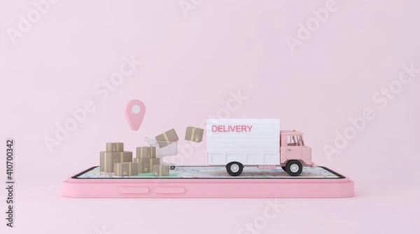 Fototapeta 3D Online express delivery service concept, fast response delivery by scooter, courier Pickup, Delivery, Online Shipping Services. 3d Rendering.	