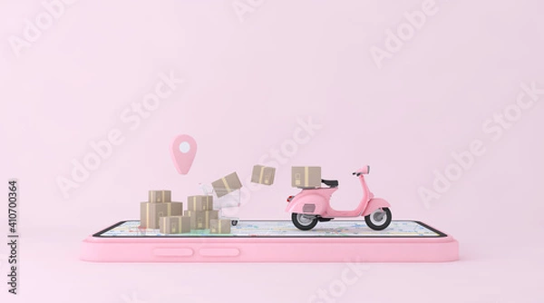 Fototapeta 3D Online express delivery service concept, fast response delivery by scooter, courier Pickup, Delivery, Online Shipping Services. 3d Rendering.	
