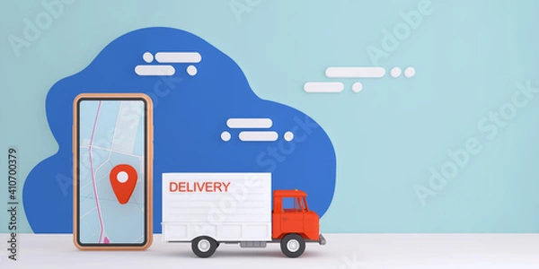 Fototapeta 3D Online express delivery service concept, fast response delivery by scooter, courier Pickup, Delivery, Online Shipping Services. 3d Rendering.	