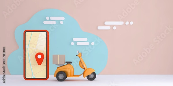 Fototapeta 3D Online express delivery service concept, fast response delivery by scooter, courier Pickup, Delivery, Online Shipping Services. 3d Rendering.	