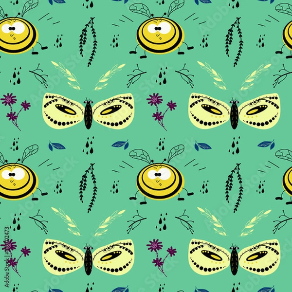 Obraz seamless pattern with bee, flowers, butterly