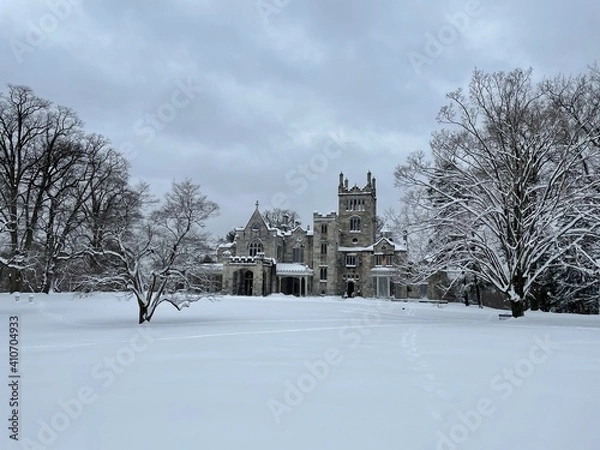 Obraz Snow-covered gothic stone mansion