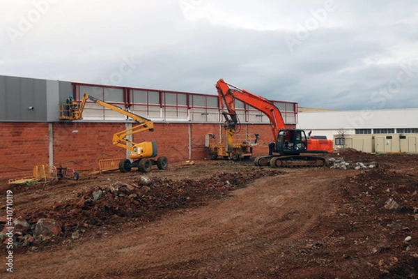 Fototapeta Work and construction machinery working, excavator, dumper, lifting platform