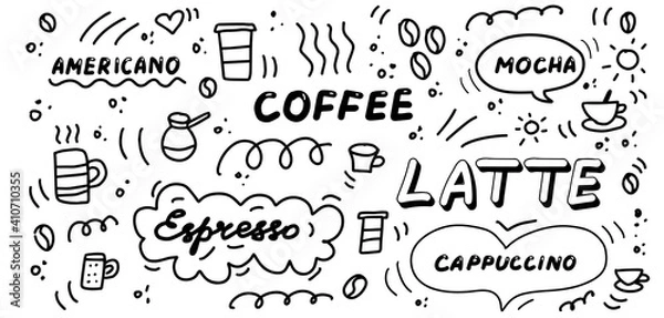 Obraz Coffee doodles icon set. Hand drawn lines cartoon icons and lettering collection. Cappuccino, americano, latte, mocha. The concept of morning and breakfast. Vector illustration.