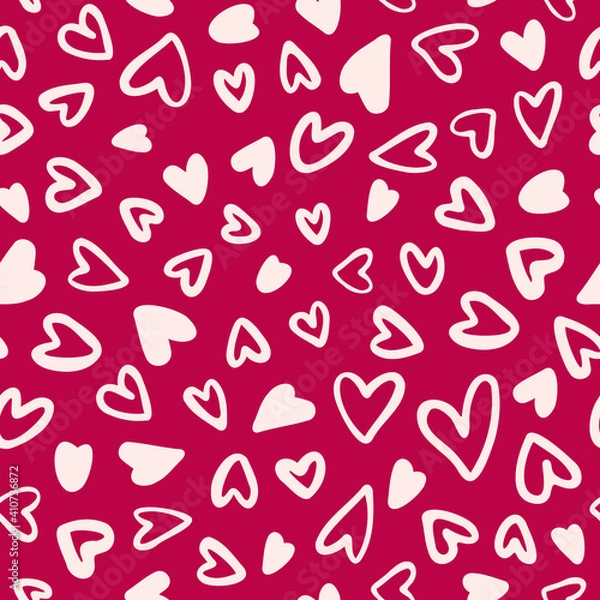 Fototapeta Random placed vector hearts seamless pattern with pink background.