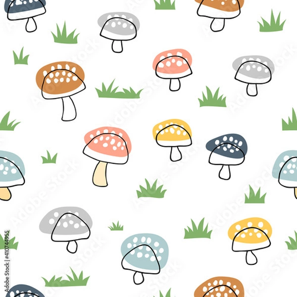 Fototapeta Cute colorful mushroom doodle repeat pattern design