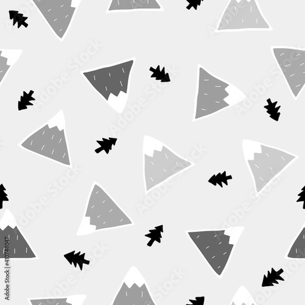 Fototapeta Simple mountain and pine tree doodle repeat pattern design