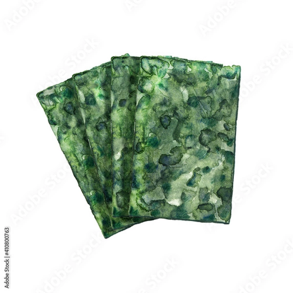Obraz Watercolor dried algae on white. Hand drawn illustration of marine algae. Seaweed for japanese dish. Nori sheets for recipe, packaging and menu design.