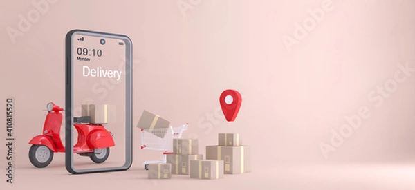 Fototapeta Online delivery service concept, online order tracking,Logistics and Delivery, on mobile. 3D rendering.