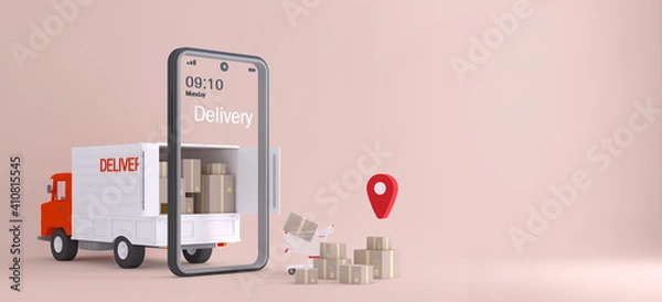 Fototapeta Online delivery service concept, online order tracking,Logistics and Delivery, on mobile. 3D rendering.