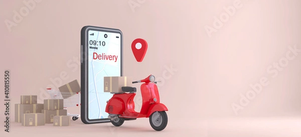 Fototapeta Online delivery service concept, online order tracking,Logistics and Delivery, on mobile. 3D rendering.