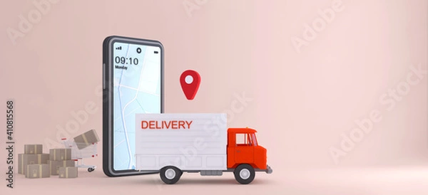 Fototapeta Online delivery service concept, online order tracking,Logistics and Delivery, on mobile. 3D rendering.