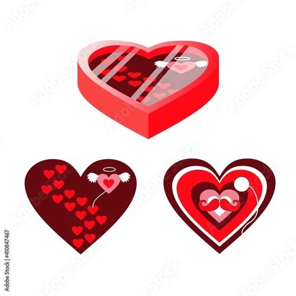 Fototapeta Set of vector hearts.  Happy Wedding Day. Box in the form of a heart with chocolate for a loved one.