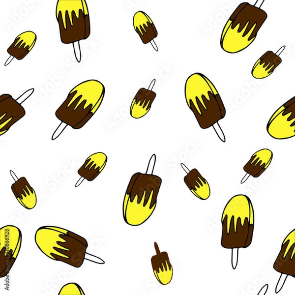 Obraz Pattern with ice cream drawn with contour lines doodle. Vector illustration in linear style for wrapping paper. Sweet cartoon illustration. Doodle texture dessert food.