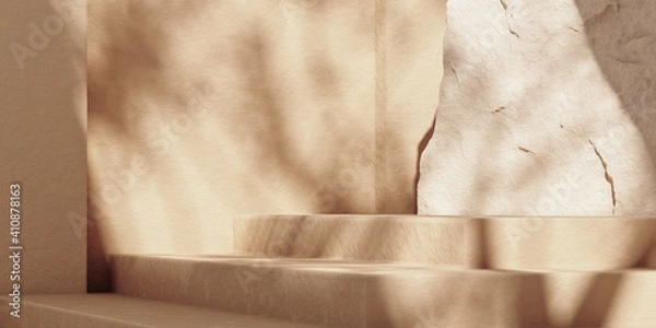 Fototapeta Minimal beige abstract background with stone steps podium for product and cosmetic presentation. Natural sunshade shadow on the wall. 3d rendering mock up for the exhibition or products presentation.