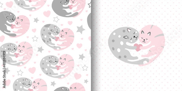 Fototapeta Heart shaped cute seamless pattern with cats in love.