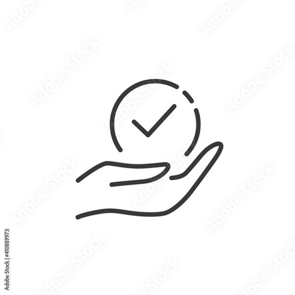 Fototapeta Hand hold check mark thin line icon. Outline commerce vector illustration