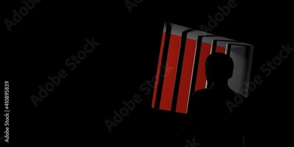 Fototapeta Man silhouette behind jail bars looking out. Person standing inside of the prison and looking in freedom. 3d rendering illustration.