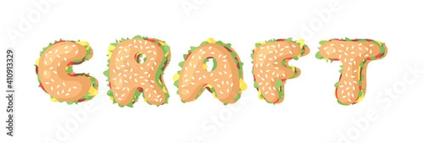 Fototapeta Hand Drawn Cartoon Burger Alphabet Fast Food Vector Font. Tasty Illustration Meal and Text. Flat Style Collection