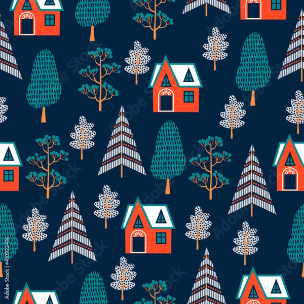 Fototapeta Seamless pattern with houses in the forest. Vector illustration